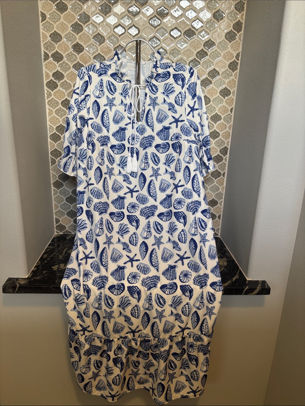 Women’s White Midi Dress with Blue Seashell Print and Tie Neck